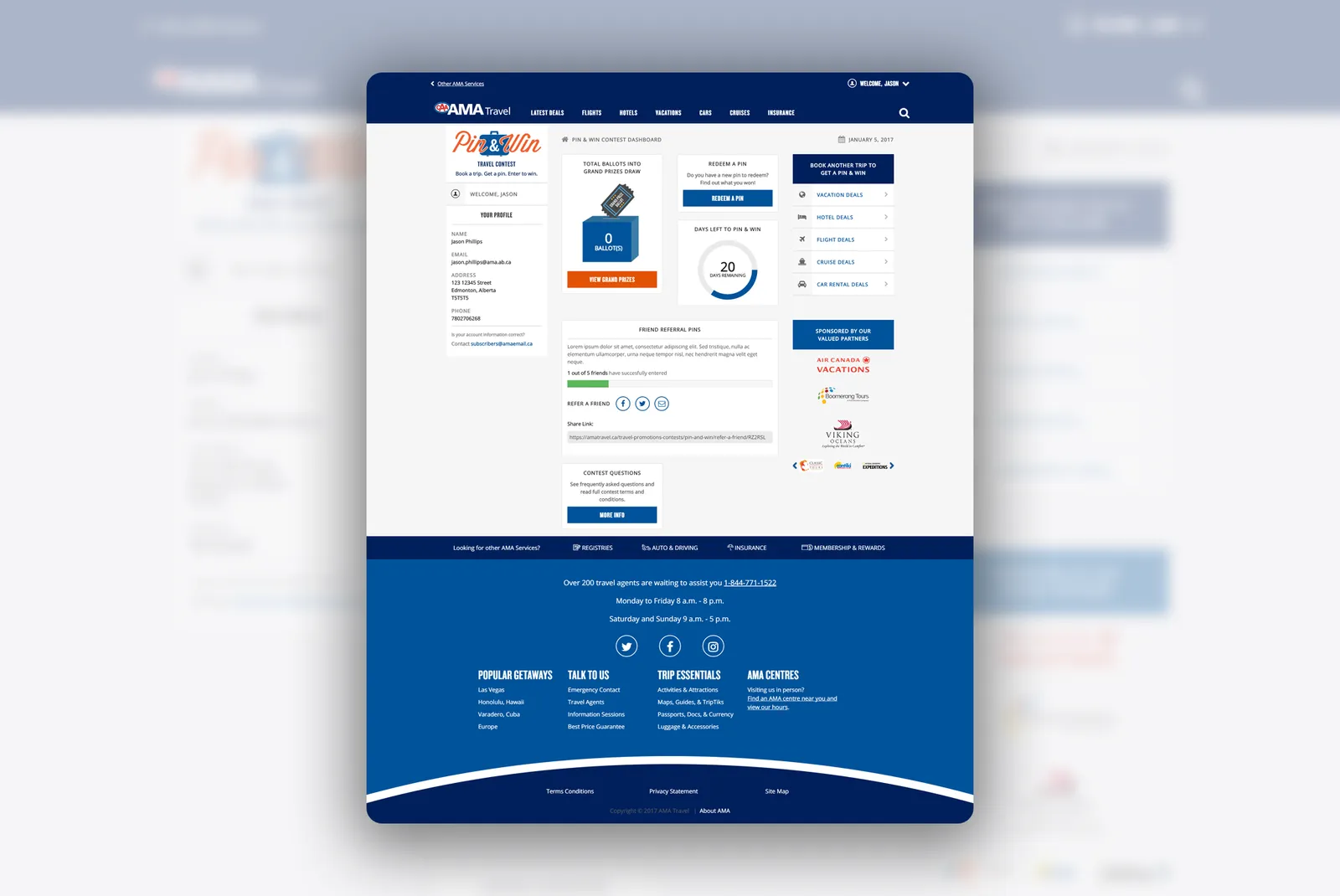 AMA Travel Pin & Win contest dashboard showing ballots, days remaining, friend referrals and travel deals