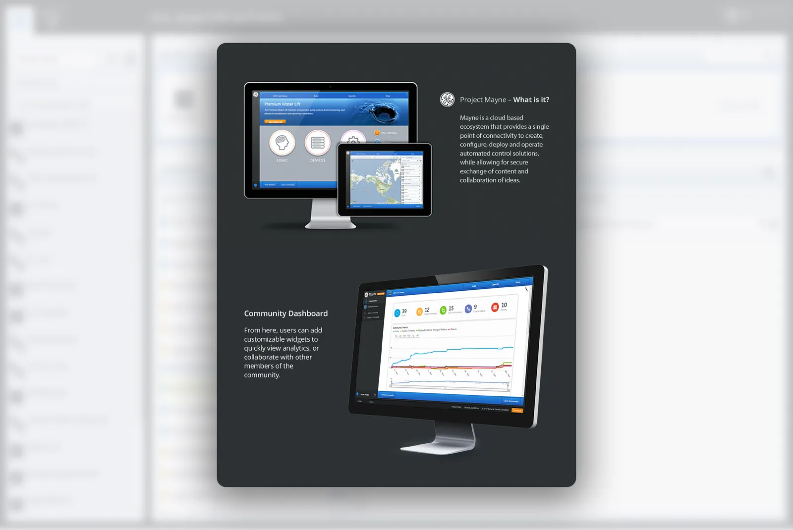 GE Project Mayne cloud platform shown on desktop and tablet, including the community analytics dashboard